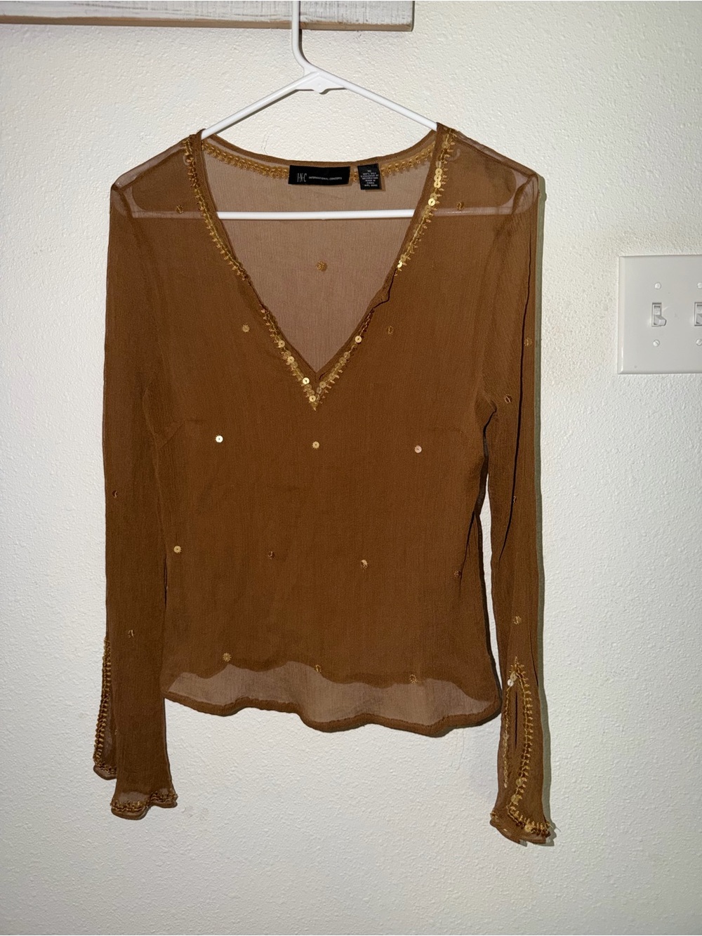 INC International Concepts Brown Sheer Silk Sequin V-Neck Long Sleeve Top